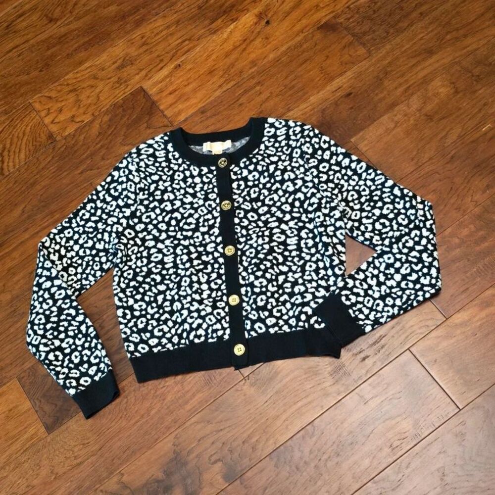 Michael Kors leopard sweater button up sz medium animal print gold button accent